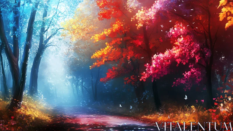 Digital painting of a luminous dual-season forest pathscape.