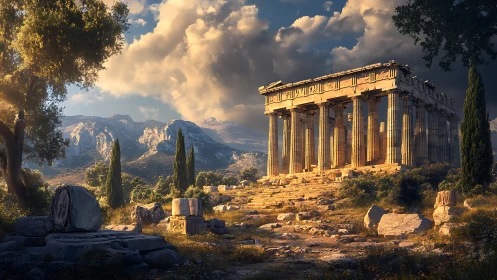 Sunlit Doric temple ruins amid Mediterranean mountain valley