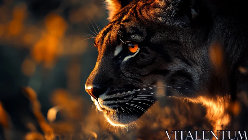 Tiger profile in warm low light with sharp amber gaze.