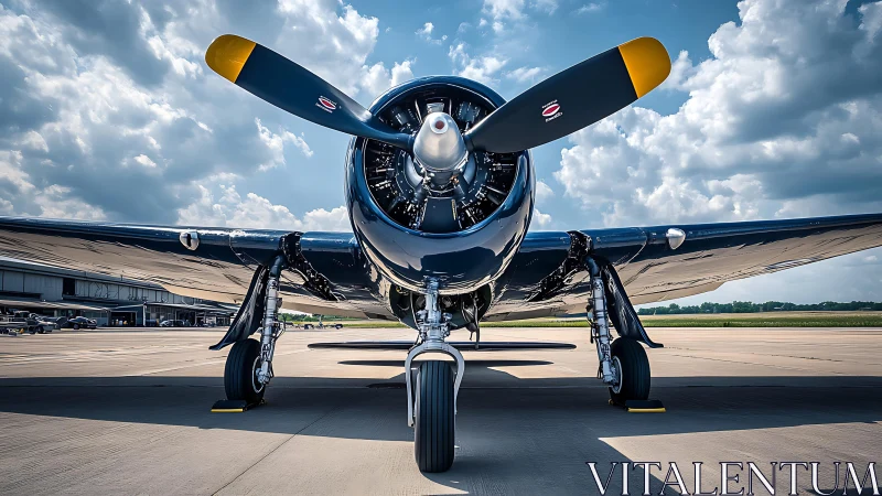Vintage propeller aircraft front view on sunlit runway