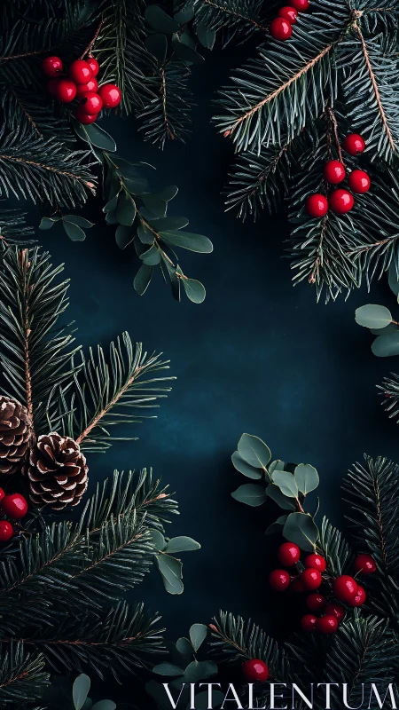 Evergreen branches frame deep teal backdrop with berries.