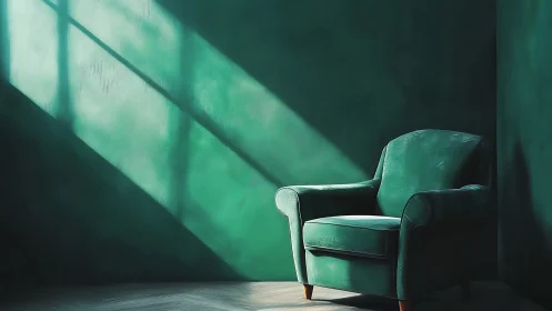 Emerald armchair catches sculpted sunlight in dark room.