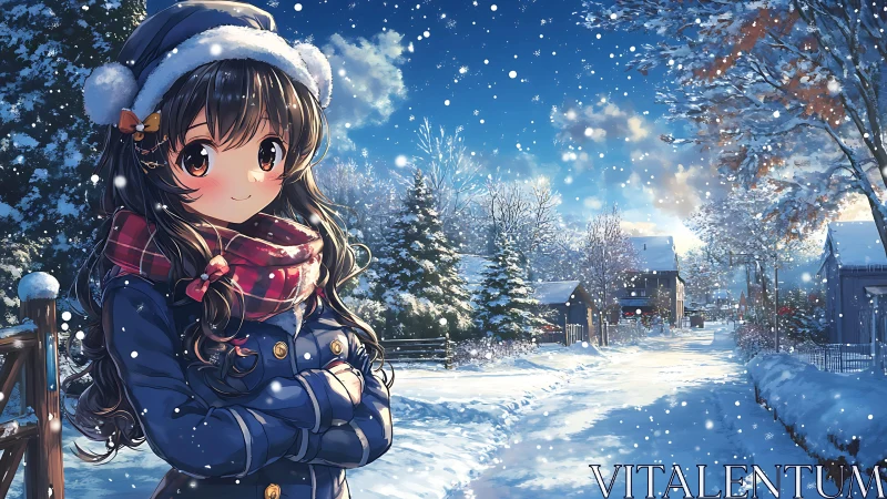 Girl in winter coat stands in snowy village street at dusk