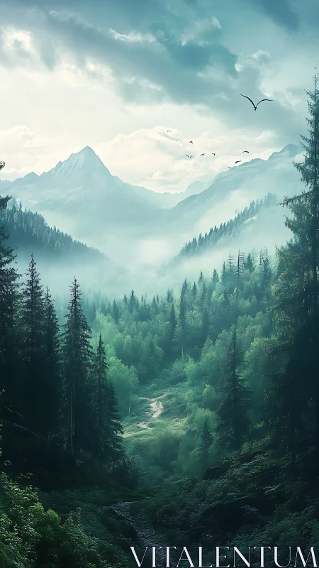 Mountain Valley Landscape with Misty Forests and Peak.