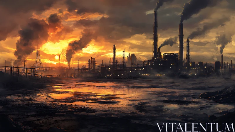 Industrial refinery skyline under toxic sunset haze.