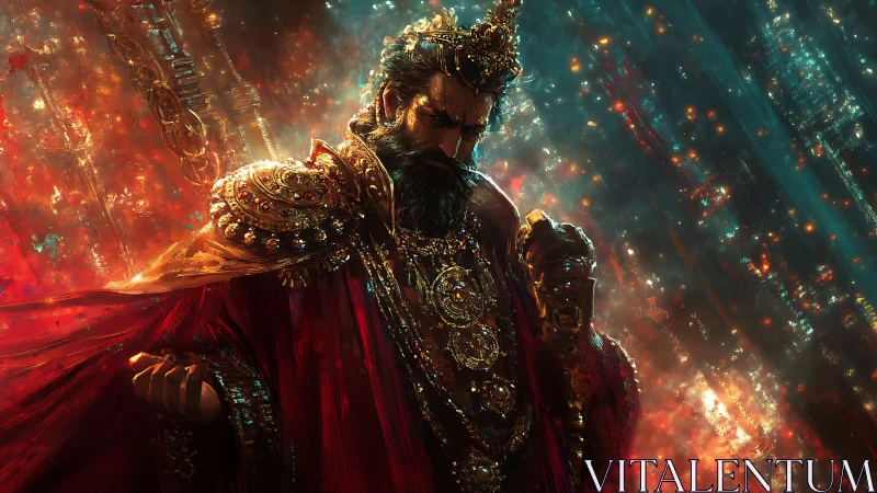 Regal figure in ornate red and gold ceremonial attire.