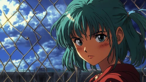 Windlit anime portrait against chain-link fence with dynamic sky