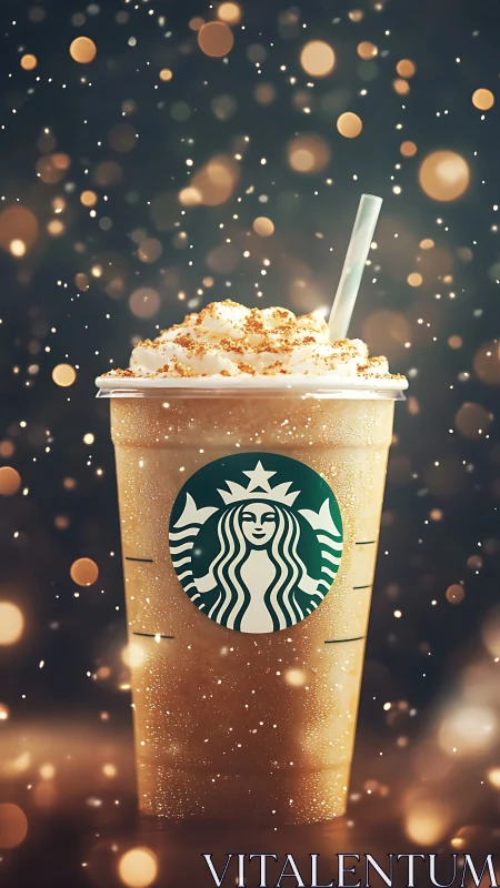 Iced blended drink with whipped cream under bokeh particle field
