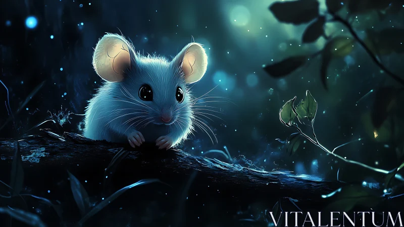 Tiny moonlit mouse gazes from a glowing forest branch.