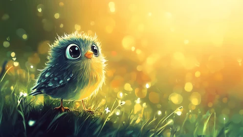 Tiny fluffy bird gazes into glowing golden sunrise field