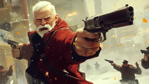 Older armed man aims revolvers in chaotic urban shootout