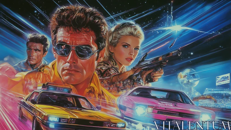 Retro action illustration shows armed figures with cars