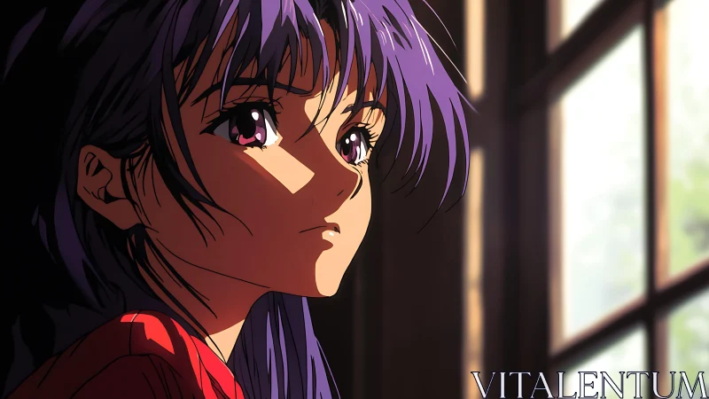 Purple haired anime girl in side profile near window indoors.