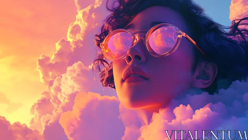 Surreal portrait merges neon clouds with reflective glasses.