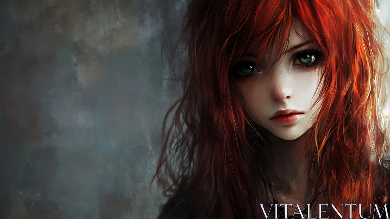Melancholic red haired girl portrait with soft bokeh backdrop
