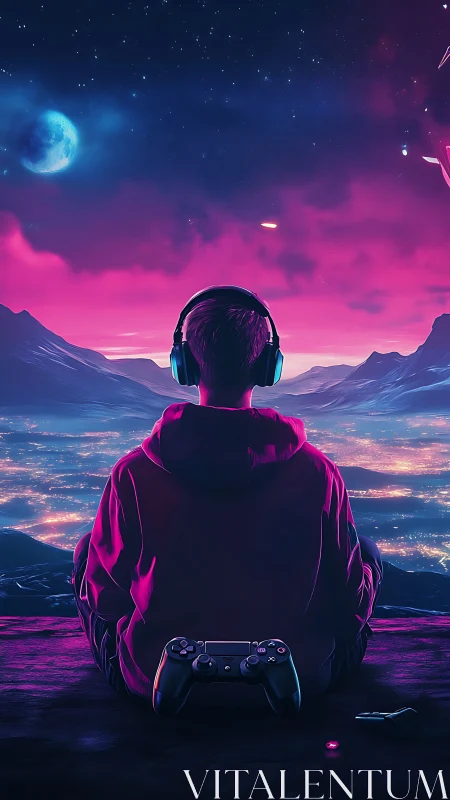 Neon sky pause with a gamer dreaming above city lights.