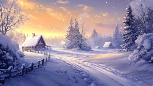Snowbound cabin glows under pastel winter sunrise sky.