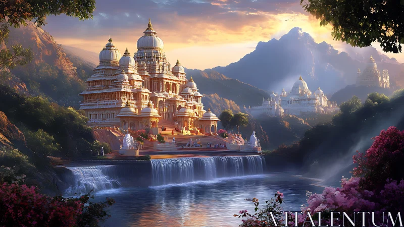 Terraced temple complex above river and waterfalls at sunrise.