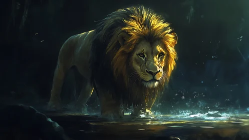 Majestic lion strides through shadowed forest waterway.