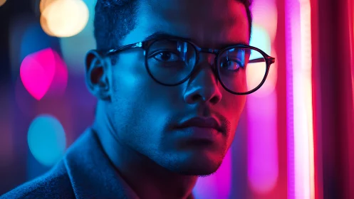 Portrait shows man in glasses lit by blue and pink neon