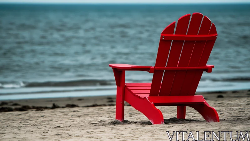 Red Adirondack chair on overcast shoreline with gentle surf