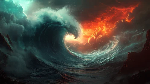 Turbulent ocean wave beneath contrasting colored sky.