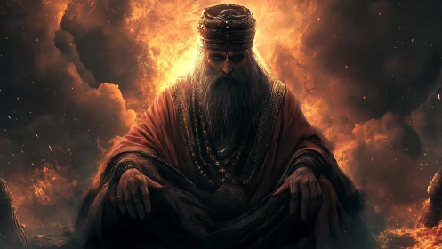 Ancient fire king sits in solemn power amid burning clouds.