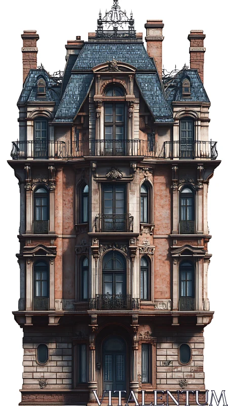 French Second Empire townhouse with ornate mansard roof.