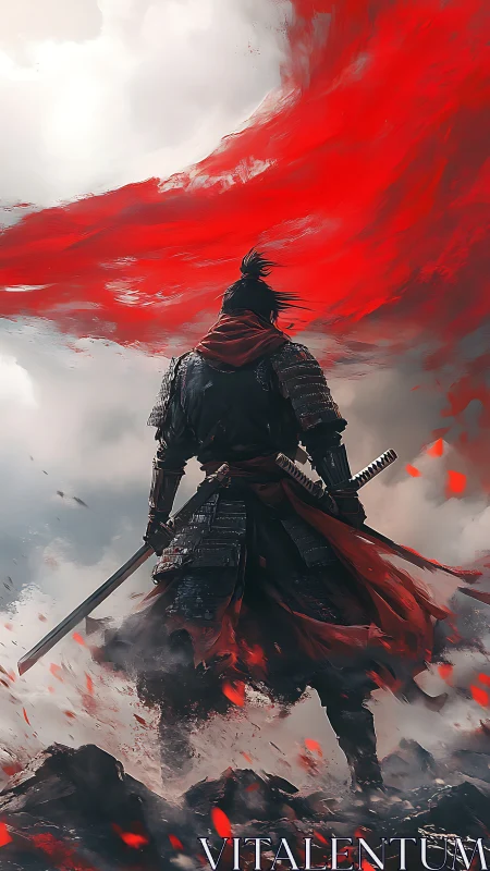 Backlit samurai warrior in dynamic red cloth swirl and storm haze
