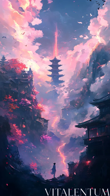 Vertical pagoda amid cliffs, clouds and distant figure present.