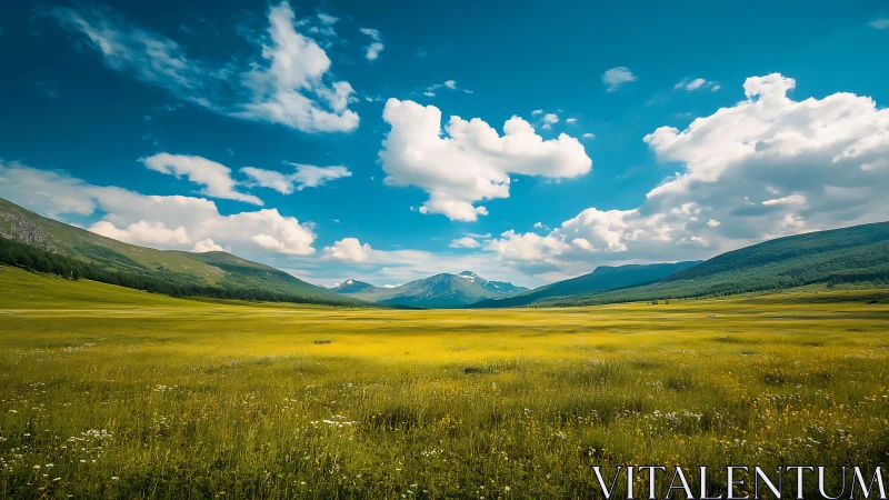 Wide grassland valley under clouds and distant mountains.