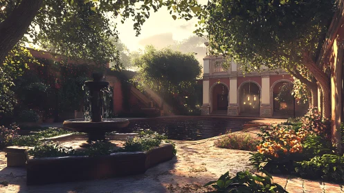 Sunlit courtyard fountain inviting a slow, peaceful pause.
