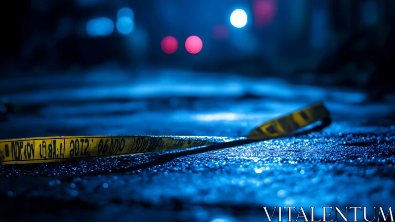 Police crime scene tape lies on wet street at night