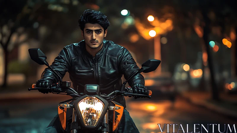 Confident rider powers through neon city streets at night