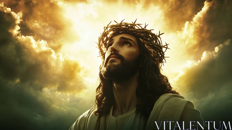 Radiant crowned savior gazes upward through stormlit clouds