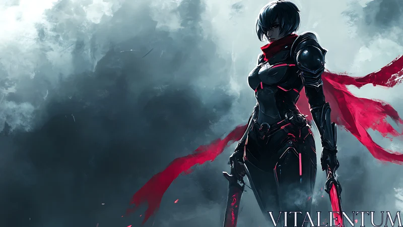 Armored figure with red scarf in foggy digital landscape.