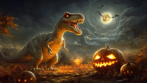 Predatory dinosaur roars beside blazing jack-o’-lanterns under moonlit sky.