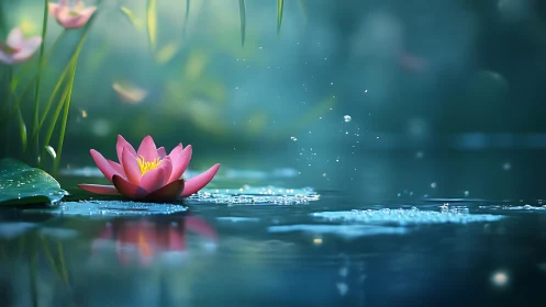 Pink water lily floats on calm pond with rising droplets