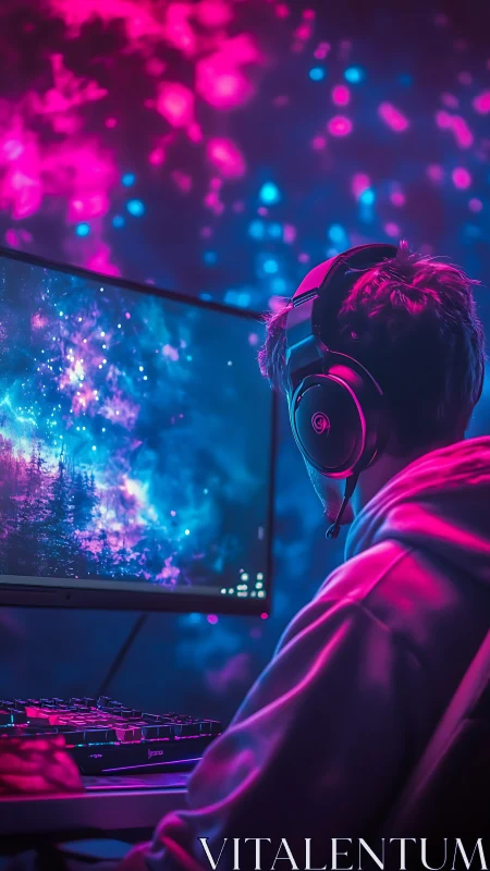 Gamer uses RGB-lit setup while viewing neon cosmic landscape