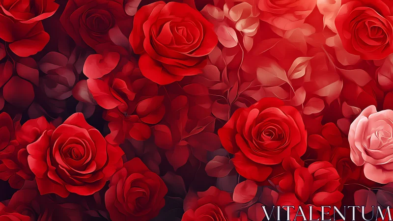 High-density red rose florals with volumetric lighting and chromatic depth layering.