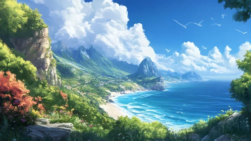 Coastal Alpine Valley: Dramatic Landscape with Verdant Cliffs and Turquoise Waters