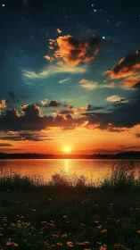 Radiant lakeside sunset glows beneath a starlit twilight sky.