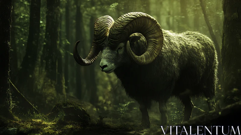 Massive horned ram standing in dense green forest scene.