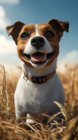 Joyful terrier portrait in golden wheat field sunlight.