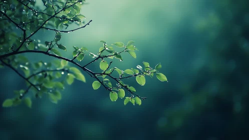 Close-up of Dewy Green Branch in Soft Focus Nature Scene.