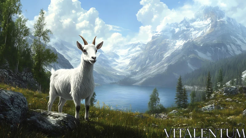 Mountain goat beside alpine lake under snowcapped peaks