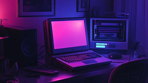 Retro computer workstation under magenta and blue lighting.