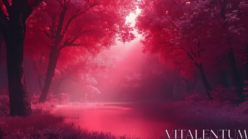 Crimson Forest Path Through Luminous Mist.