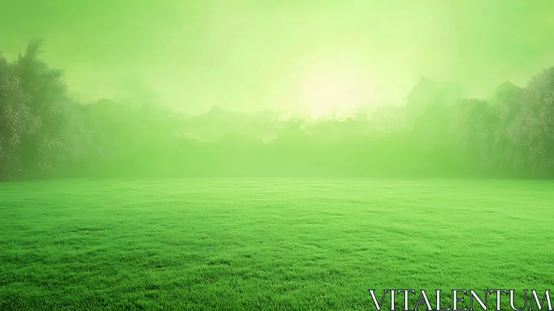Soft green meadow glowing in gentle, dreamlike morning light.