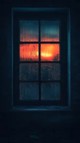 Backlit rain-streaked window framing high-contrast sunset glow